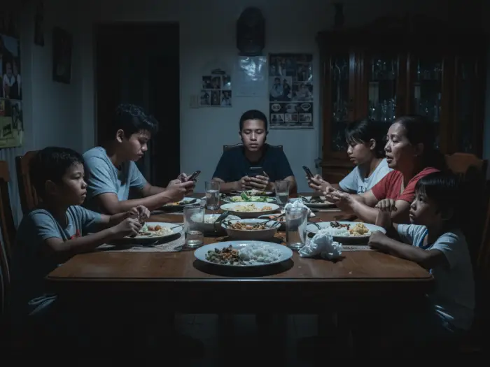 Filipino family distracted by social media, tension over screen time at dinner.