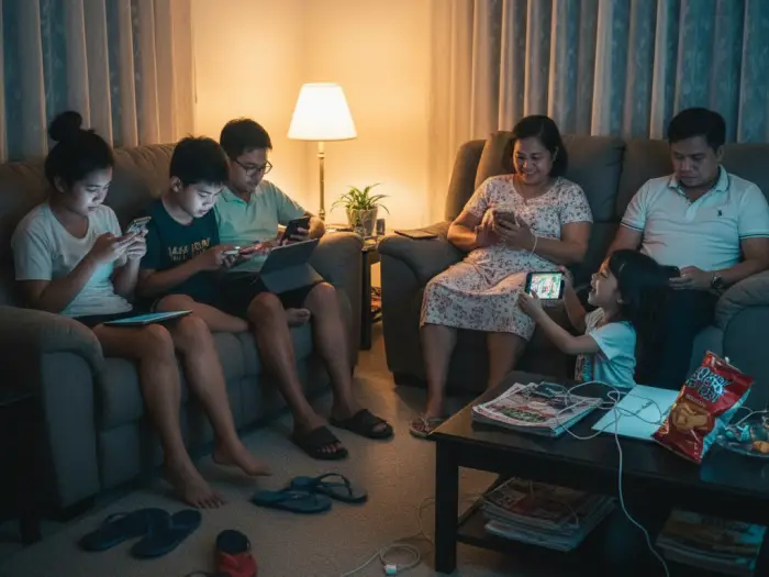 Filipino family using social media together in the living room at night.
