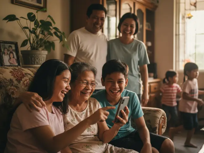 Grandparent and grandchild bonding over social media, learning together in Filipino home.