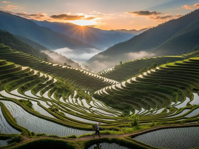 Sunrise over the Banaue Rice Terraces with mist and a farmer walking.