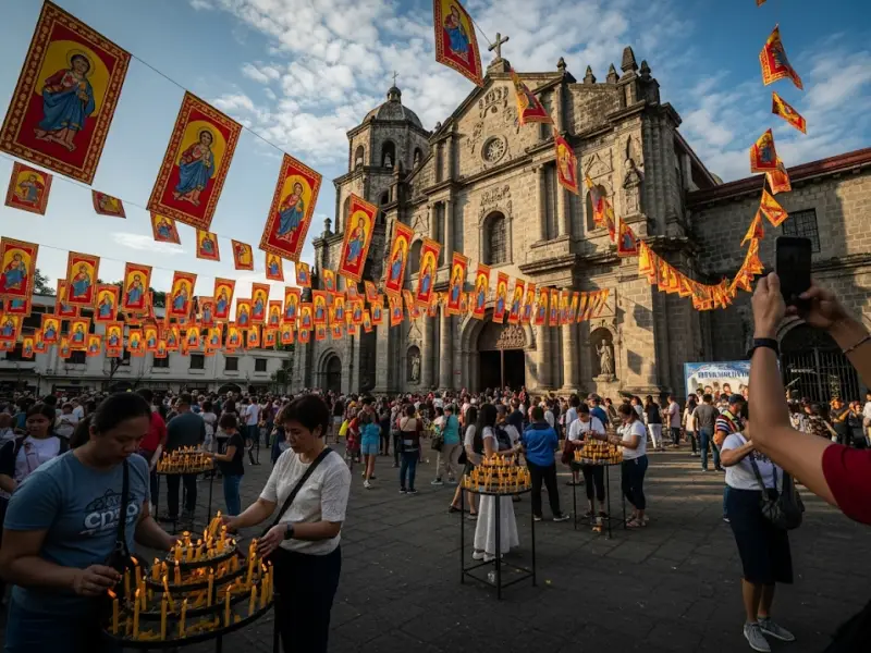 Basilica Minore del Santo Niño in Cebu City with devotees and tourists outside.