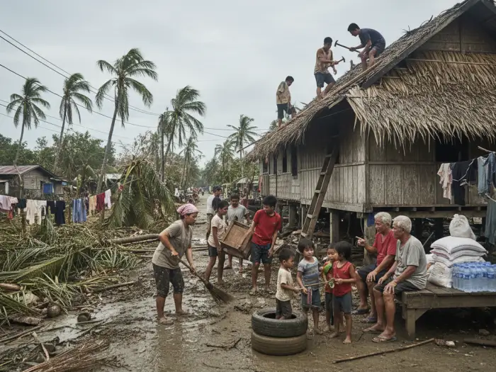 Filipinos practicing bayanihan by helping each other rebuild homes after a typhoon.