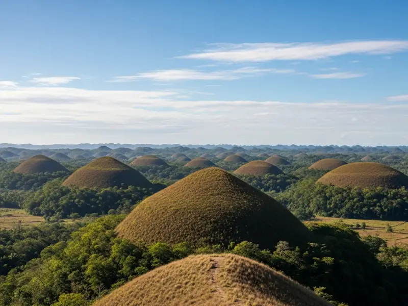 The Chocolate Hills of Bohol, hundreds of cone-shaped mounds under a blue sky.