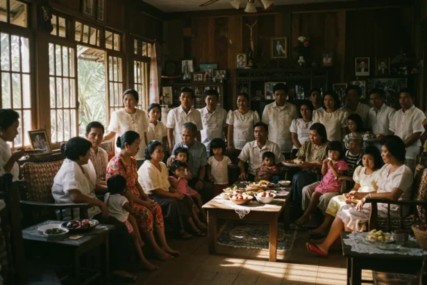 Filipino family gathered at home celebrating customs and traditions in the Philippines.