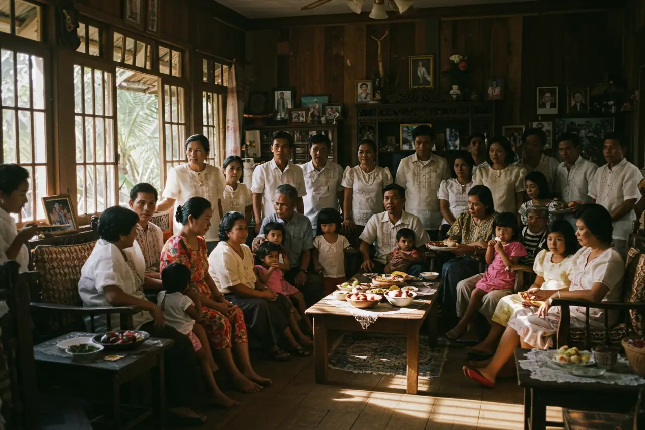 Filipino family gathered at home celebrating customs and traditions in the Philippines.