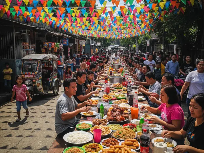 Filipinos celebrating fiesta culture and sharing food together in the community.