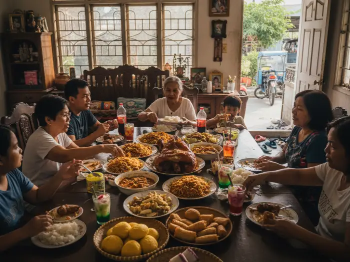 Filipino family sharing lechon, pancit, and kakanin as part of food traditions in the Philippines.