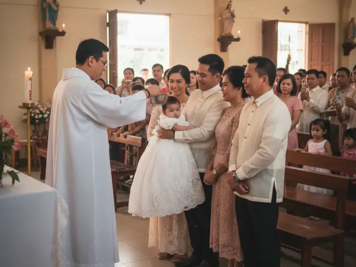 Filipino ninong and ninang at a baptism ceremony continuing godparent tradition.
