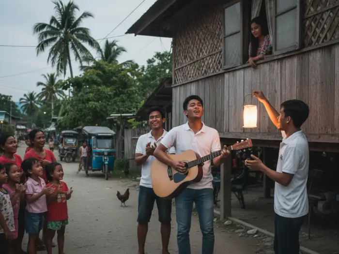 Filipino young man performing harana serenade outside bahay kubo for a young woman.