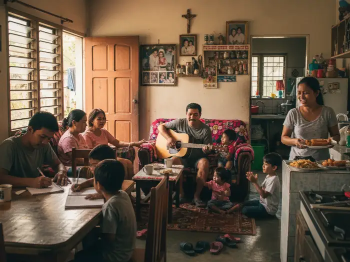 Filipino family using kinship terms Ate, Kuya, Tito, and Tita in daily life.