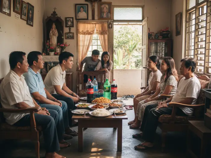 Filipino families gathered for pamamanhikan tradition seeking family blessings.