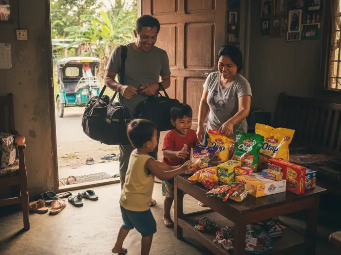 Filipino father bringing pasalubong gifts like dried mangoes and otap to his family after travel.