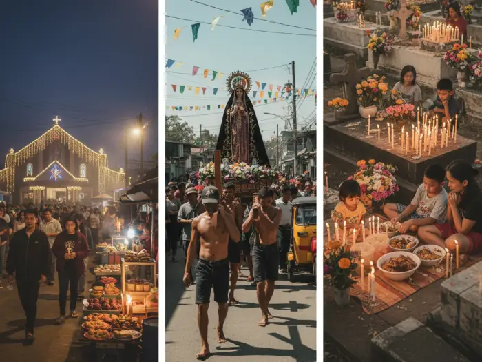 Filipino families observing Simbang Gabi, Holy Week processions, and All Saints’ Day traditions.