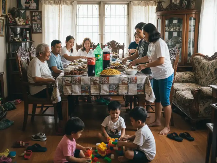 Filipino extended family gathering for Sunday lunch showing strong family ties.