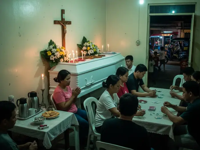 Filipino family and neighbors attending a lamay wake to show respect for the dead.