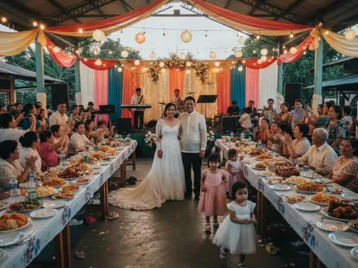 Filipino family celebrating wedding and clan gathering with food, music, and dancing.