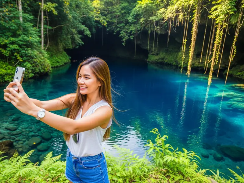Pretty chinita Filipina taking a selfie at the Hinatuan Enchanted River in Surigao del Sur, with the glowing sapphire-blue water and lush greenery in the background.