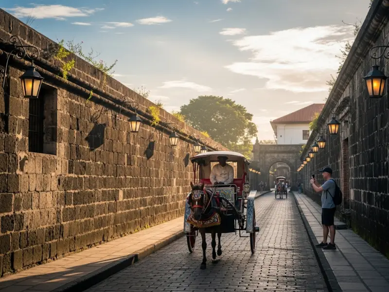 Kalesa on cobblestone streets in Intramuros, Manila with Spanish-style walls.