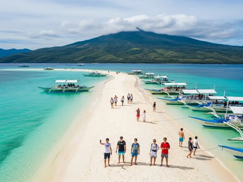 Aerial view of White Island sandbar in Camiguin with Mt. Hibok-Hibok in the background.