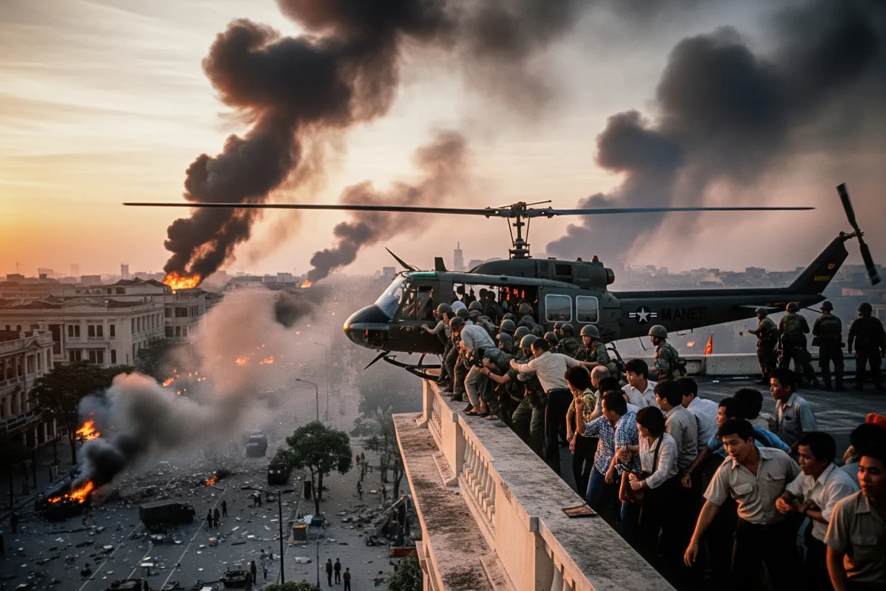 The image of helicopters precariously perched atop the U.S. Embassy in Saigon, desperately airlifting personnel