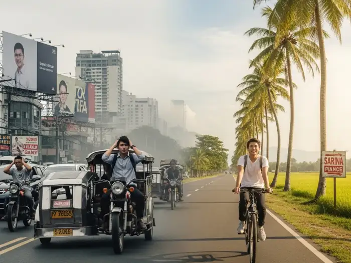 city vs province comparison Split image of Filipino lifestyle showing contrast between Manila traffic hustle and peaceful rural living.