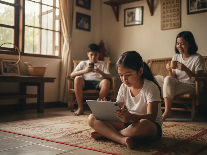 Gen Alpha Filipino child using tablet while parent watches in family living room.