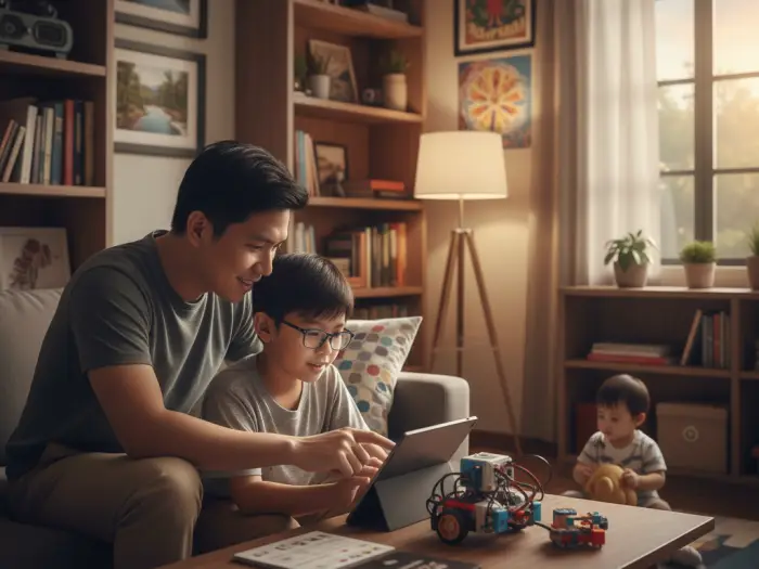Filipino parent guiding Gen Alpha child as partner in learning together at home.