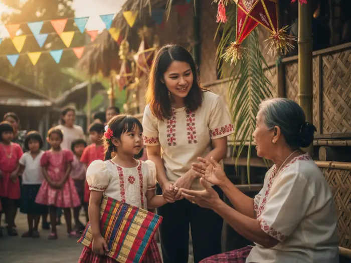 Filipino parent and child at a cultural event reconnecting with tradition.