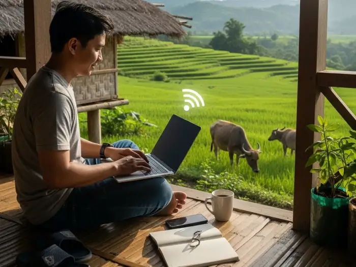 remote work philippines Filipino man working remotely in rural Philippines symbolizes digital freedom and work-life balance.