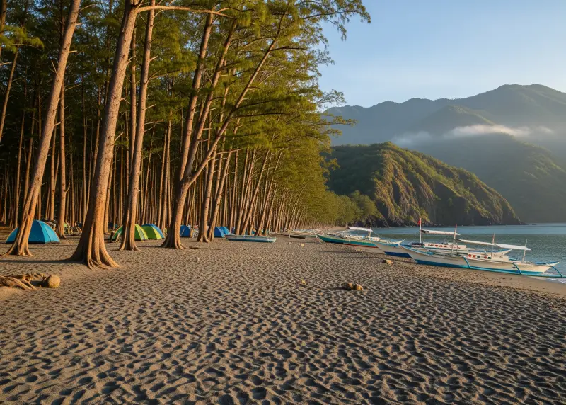 Ground-level wide view of Anawangin Cove in Zambales with gray sand, turquoise waters, Agoho trees, and mountain backdrop.