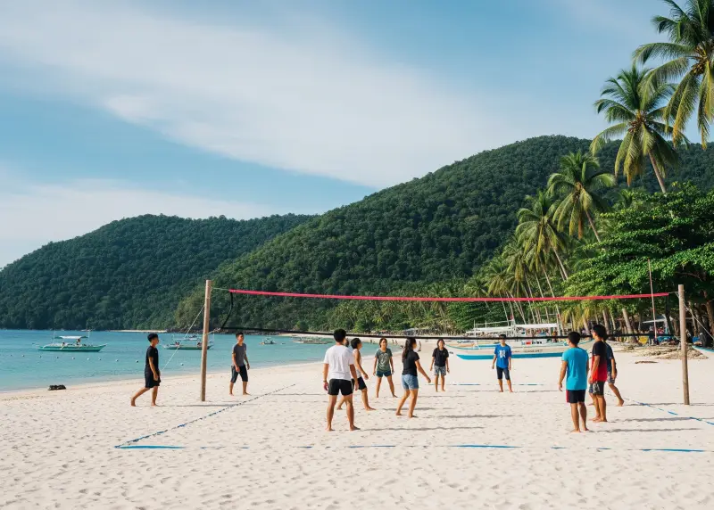 Ground-level wide shot of Anguib Beach in Sta. Ana, Cagayan with volleyball players on the sand.