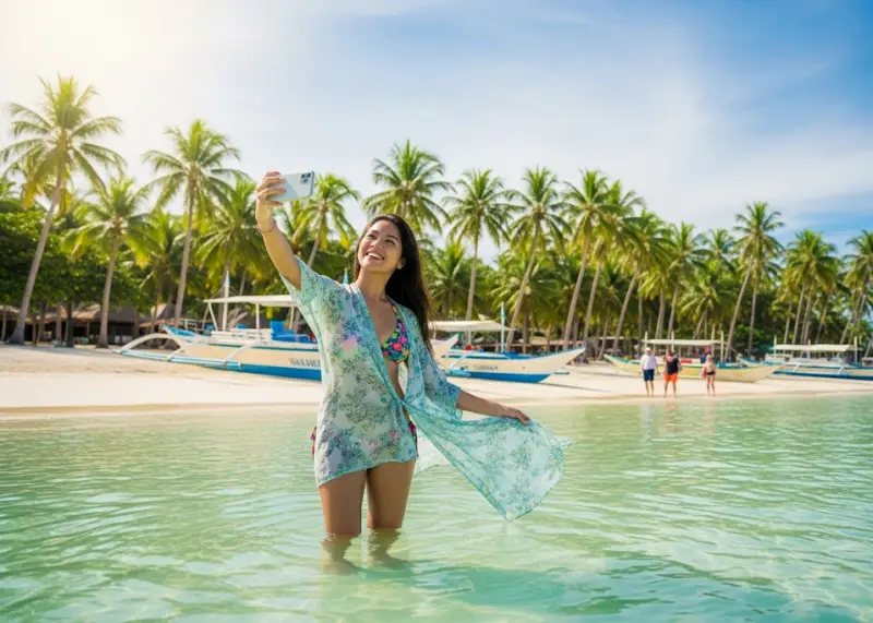 Filipina in shallow turquoise water at Bantayan Island taking a selfie with the beach, palm trees, and boats in the background.