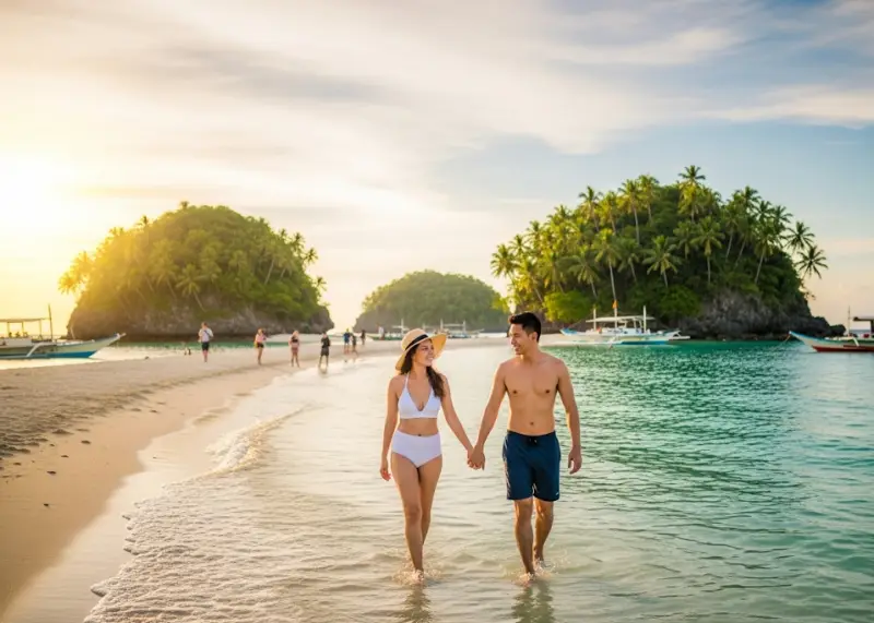 Filipino couple holding hands while walking on the beach at Britania Islands with islets and boats in the background.
