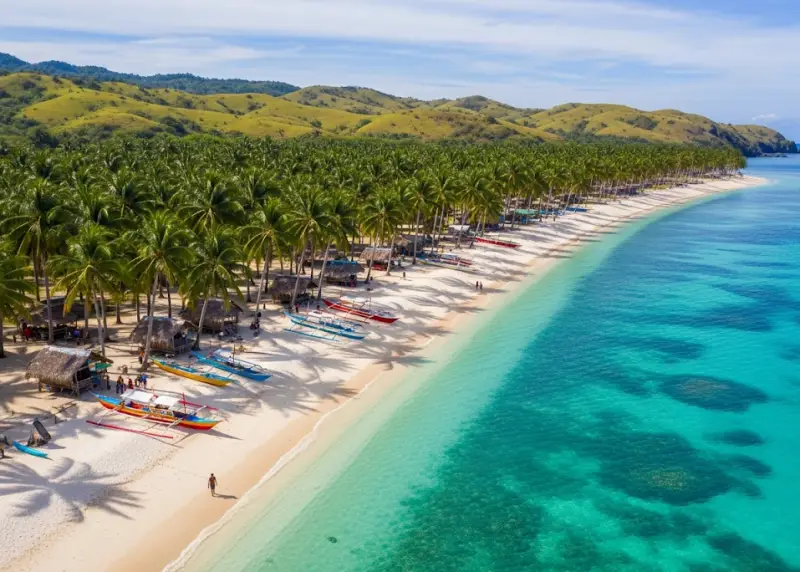 Aerial view of Calaguas Islands in Camarines Norte showing long white sand beach, turquoise waters, and grassy hills.