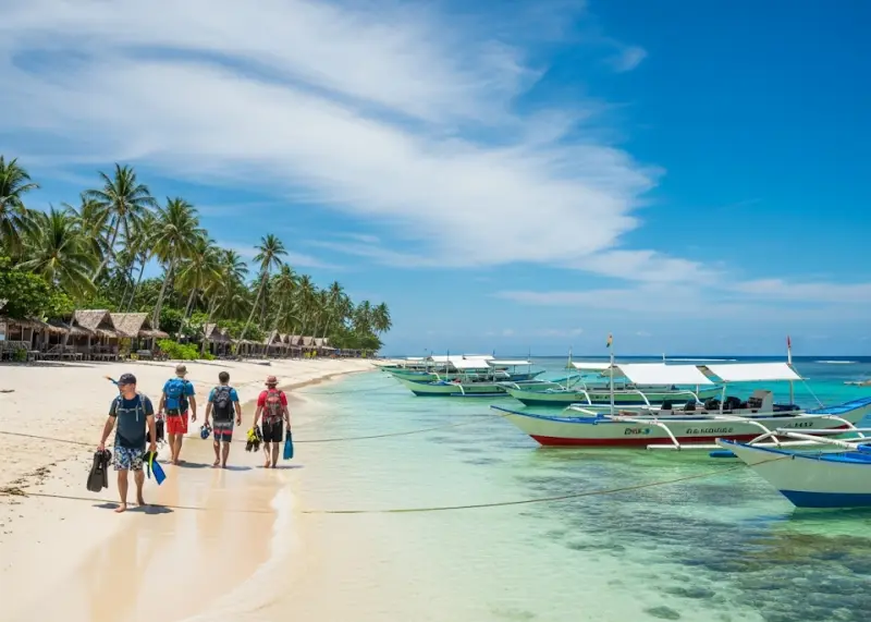 Wide ground-level view of Malapascua Island in Cebu with white sand beach, banca boats, and palm trees.