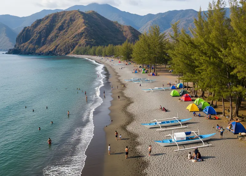 Aerial view of Nagsasa Cove in Zambales with gray sand, turquoise waters, and mountain backdrop.