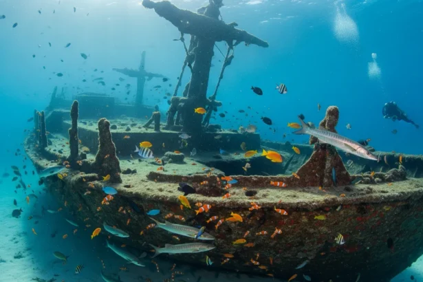 An underwater shot of a historical shipwreck in the Philippines, showing a diver exploring the coral-covered ruins.