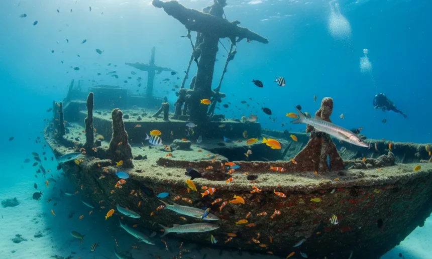 An underwater shot of a historical shipwreck in the Philippines, showing a diver exploring the coral-covered ruins.