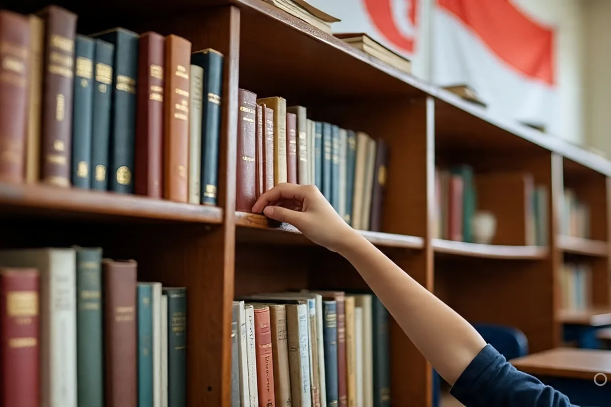 A classroom bookshelf filled with history textbooks