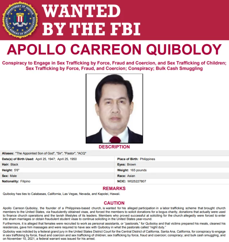 Apollo Quiboloy wanted poster by FBI