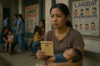 A worried Filipino mother holding a vaccination card outside a public health clinic amid the Dengvaxia vaccine controversy