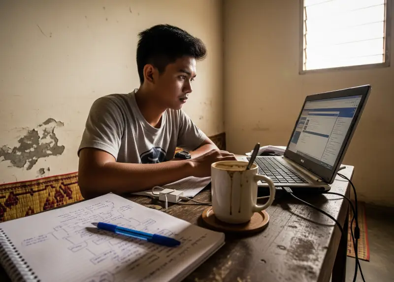 Filipino freelancer working on a laptop in a modest room.
