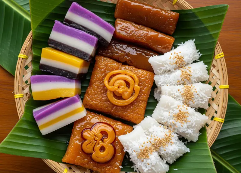 Close-up of assorted Filipino kakanin snacks arranged in a bilao.
