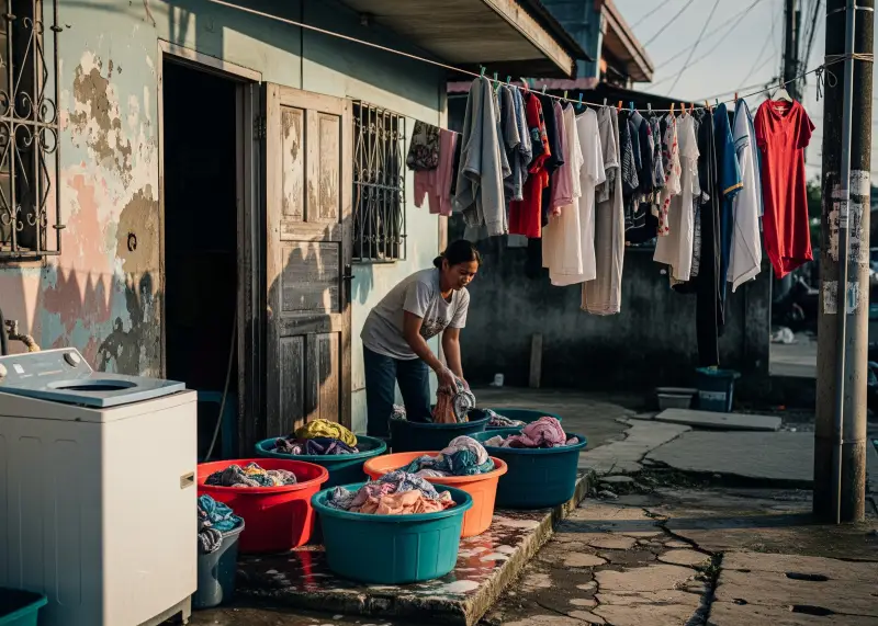 Filipino offering laba service with tubs of clothes and a clothesline outside a house.