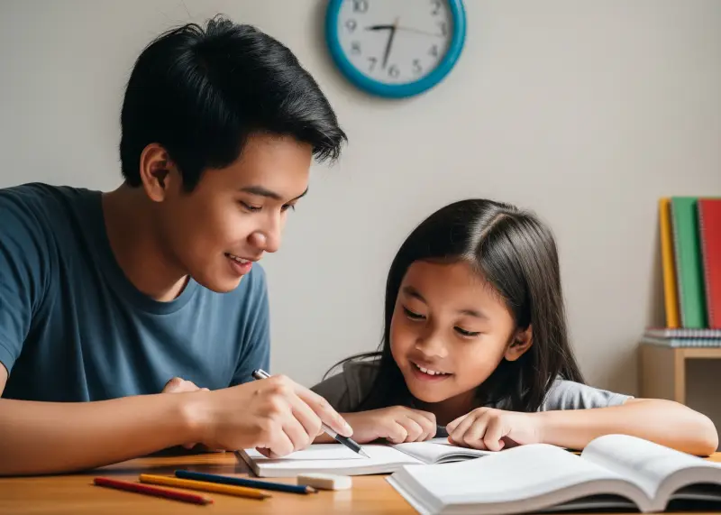 Filipino student tutoring a child at home with notebooks and pencils.