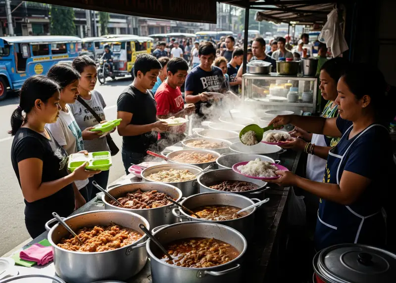 Filipino carinderia with ulam dishes and customers lining up with lunchboxes.