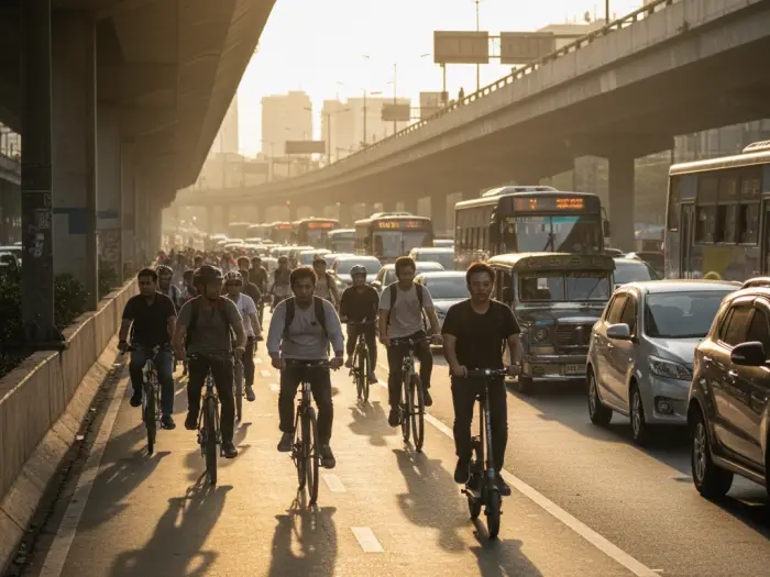 Filipino commuters using bicycles and e-scooters as alternative travel options in Manila.