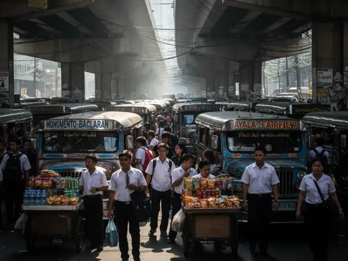 Filipino commuters waiting at a jeepney terminal in Manila, showing commute challenges.