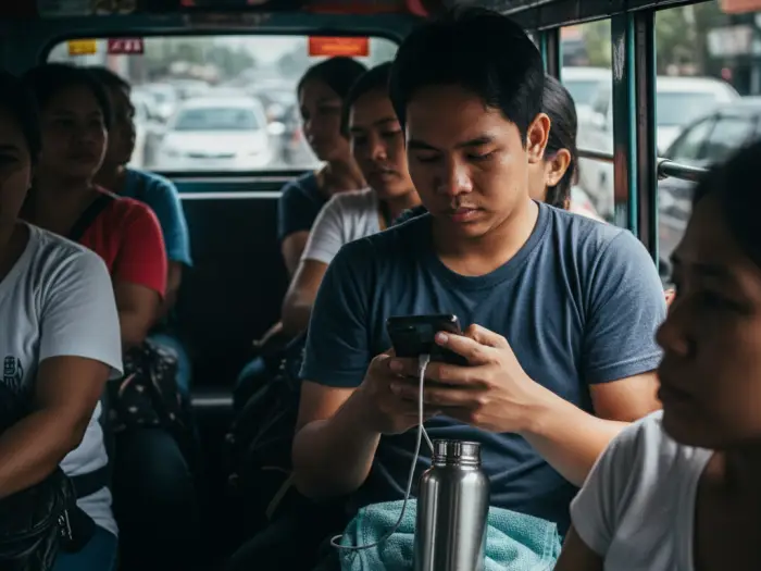 Filipino commuter using commuter hacks like power bank and water bottle in jeepney.