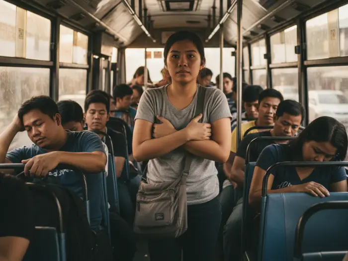Filipino commuter practicing safety and comfort tips while riding crowded Manila bus.